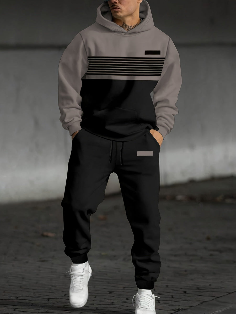 Herren Trainingsanzug Hoodie & Jogginghose Zweiteiler Grau Schwarz mit Streifen
