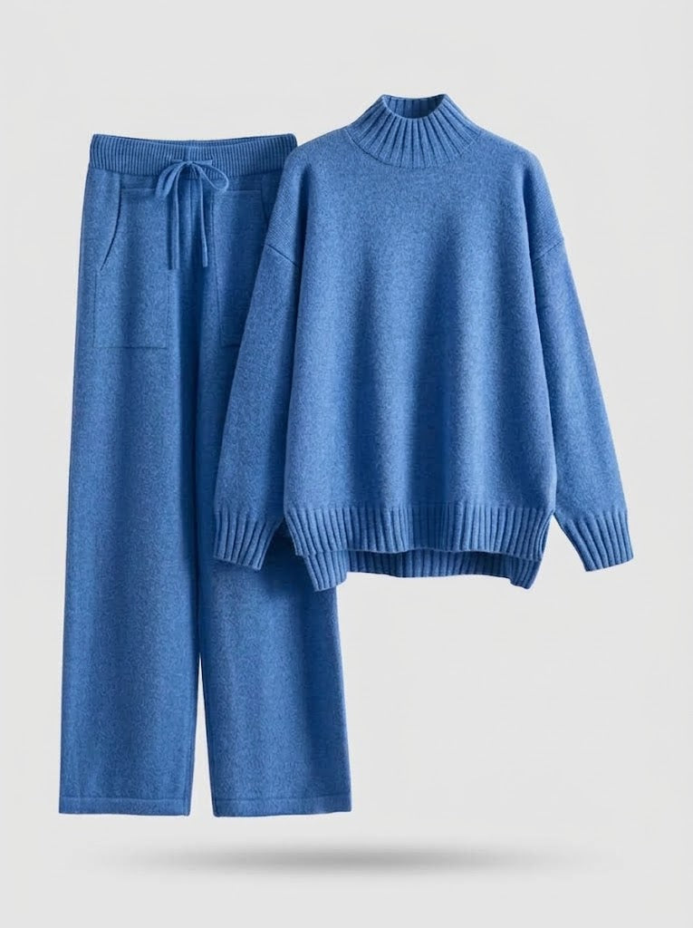 Damen Loungewear-Set aus Strick mit Rollkragenpullover & weiter Hose in Blau