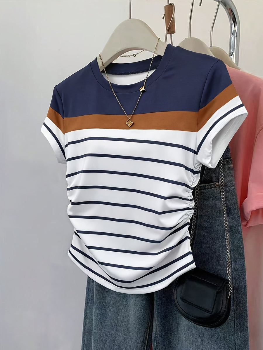 Damen T-Shirt im Streifen-Design mit modischen Raffungen – Perfekt für Freizeit und Alltag