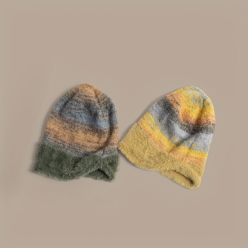 Unisex Beanie Mütze gestreift, weiches Futter, gestrickter Look, slouchy Style