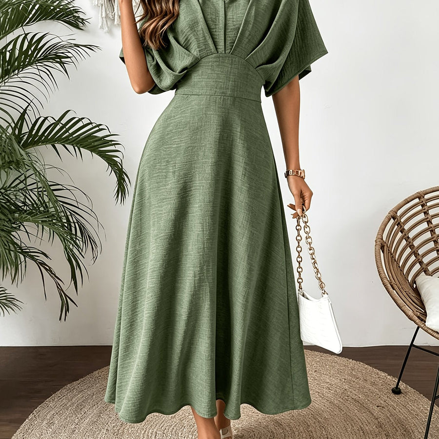 Damen Midi Kleid mit V-Ausschnitt & Fledermausärmeln, Tailliert, Grün