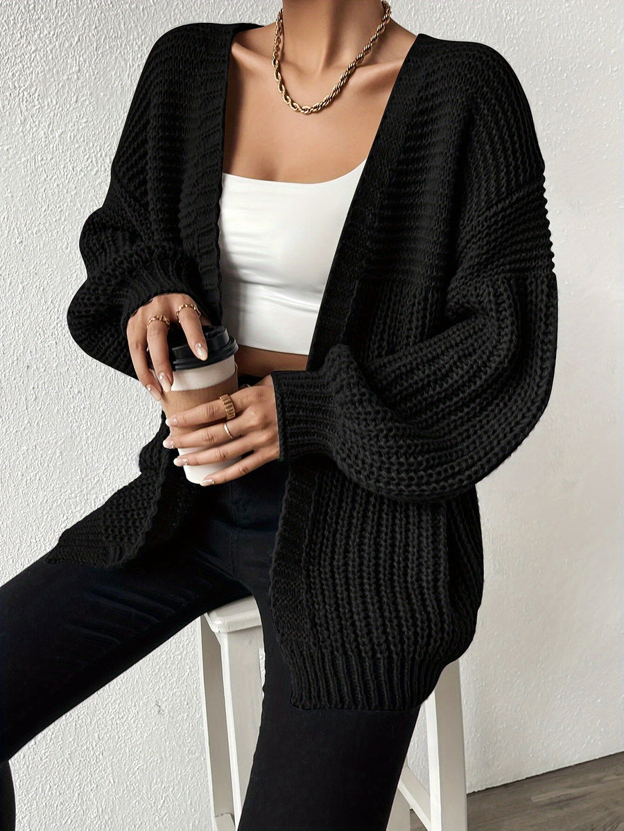 Damen Strickjacke Schwarz Offen Grobstrick Ballonärmel