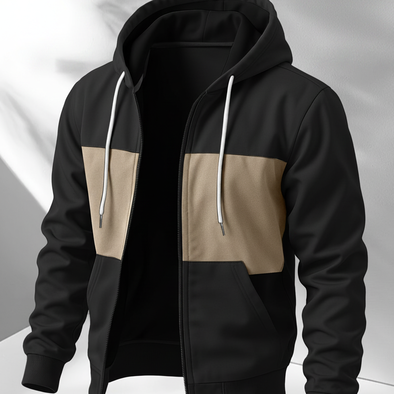 Herren Kapuzenjacke mit Reißverschluss, Color-Block, Rippbündchen, Khaki-Schwarz