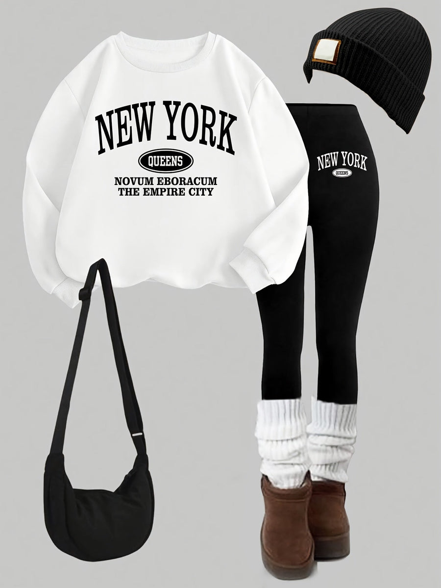 Damen Trainingsanzug Set Sweatshirt & Leggings New York Queens Print Schwarz