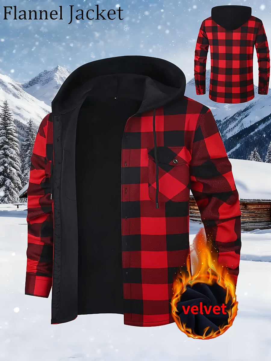 Herren Kariertes Flanell Hemd Jacke mit Kapuze und warmer Fütterung