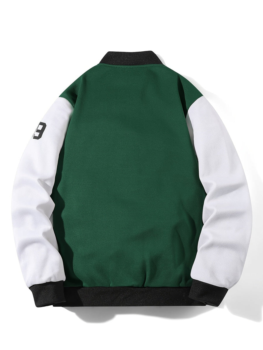College Jacke Unisex mit Kontrastärmeln Druckknopfverschluss und Schriftzug