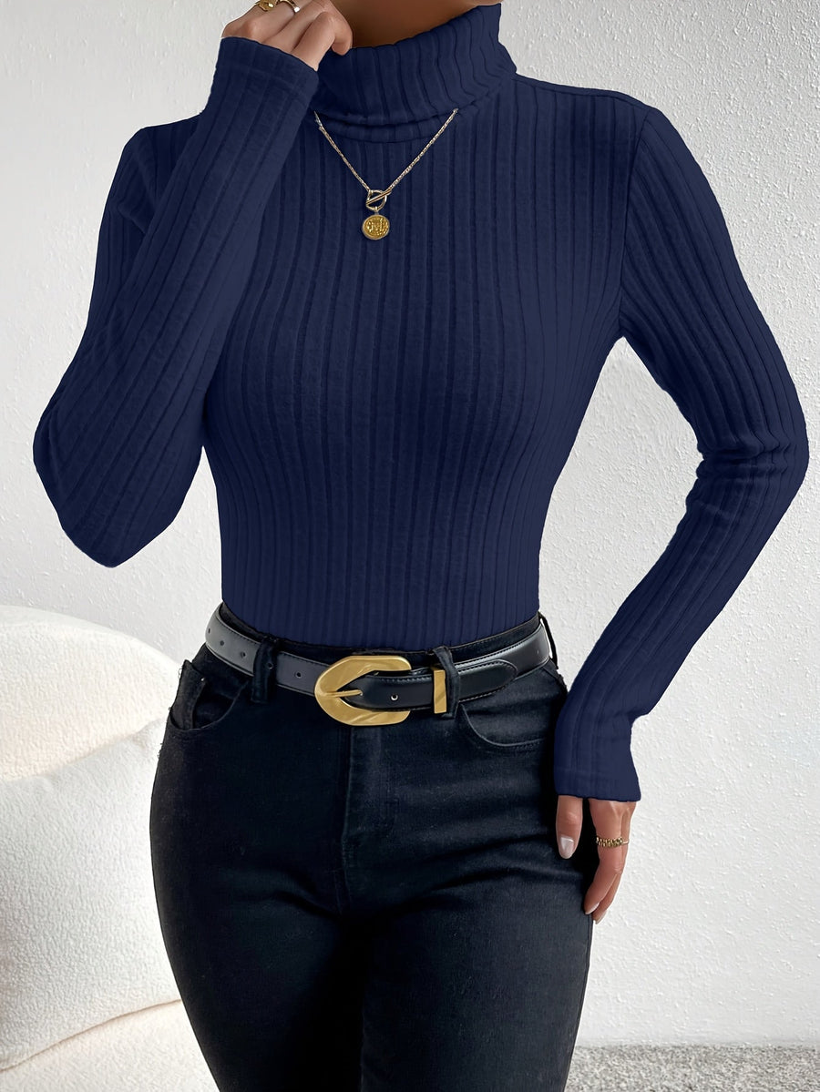 Damen Rollkragenpullover Rippstrick Langarmshirt Eng Anliegend