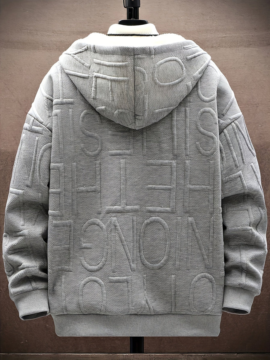 Herren Winter Hoodie Jacke mit Plüschfutter Reißverschluss Dick Gemustert Schwarz