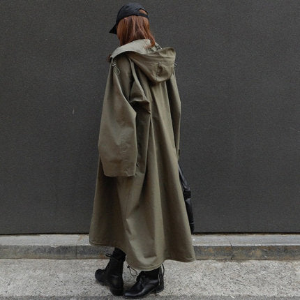 Lange trenchcoat voor dames met capuchon, olijfgroen