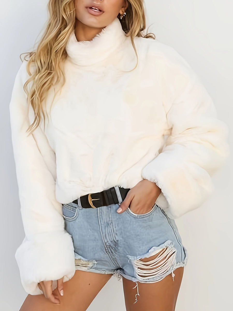 Damen Kuscheliger Rollkragenpullover in Beige mit Langarm und weicher Textur