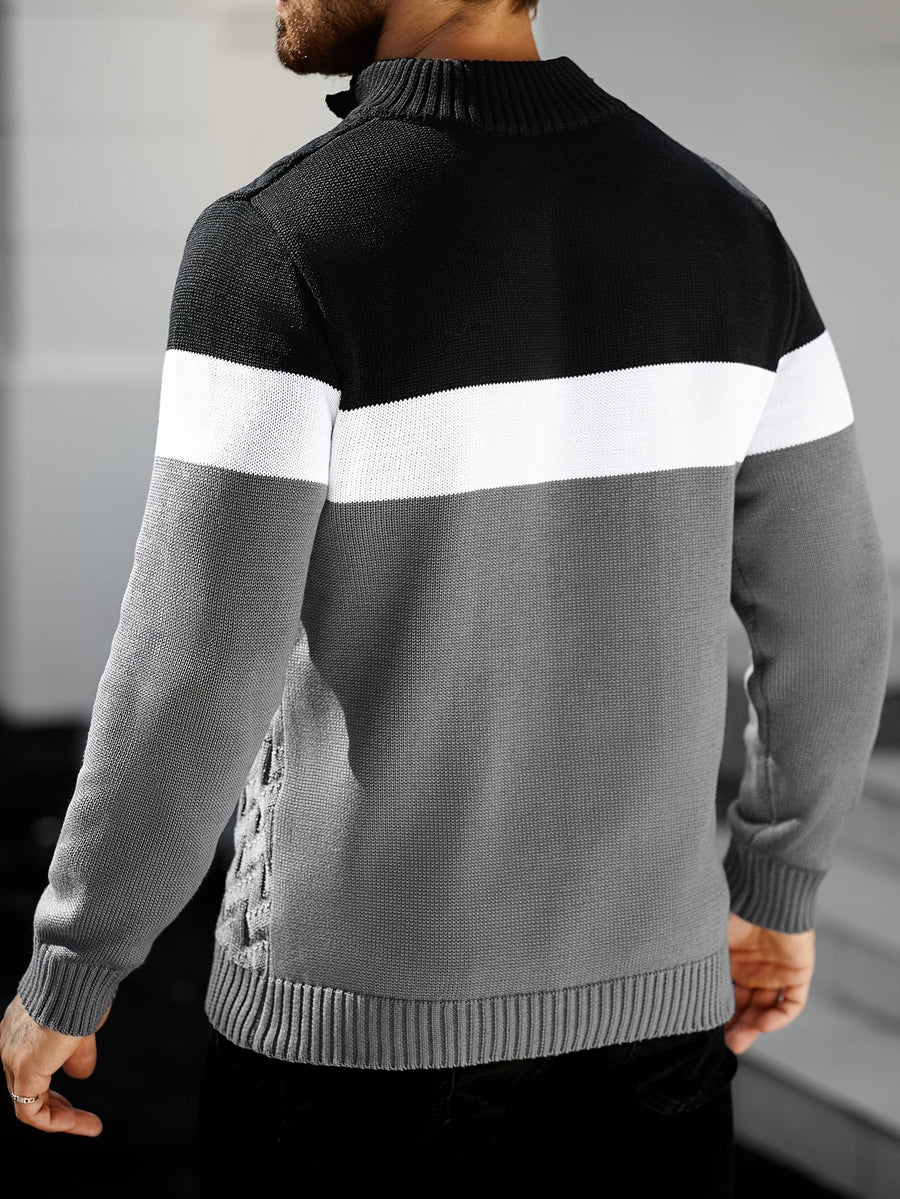 Herren Strickpullover mit Stehkragen und Knopfleiste, Farbblock Design