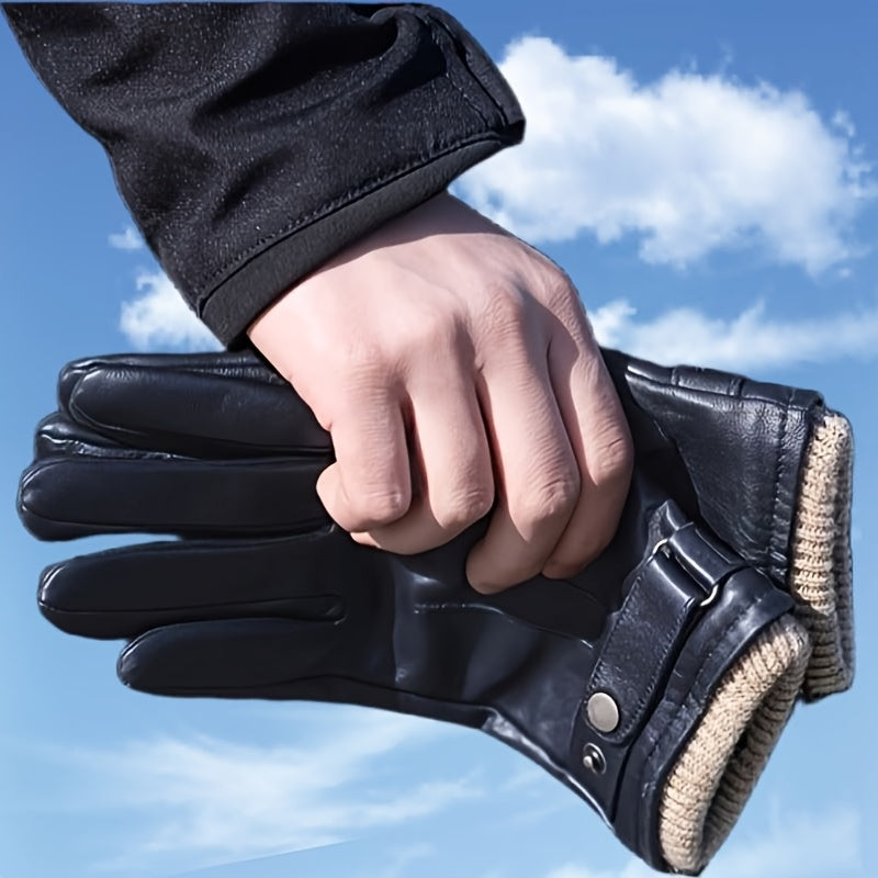 Unisex Handschuhe mit Strickbündchen, Schnalle und Druckknopf, Braun