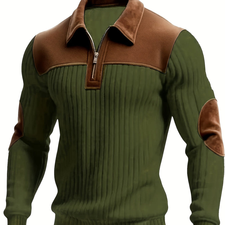 Herren Strickpullover Rippstrick Reißverschluss Kragen Ellenbogenpatches Beige Braun