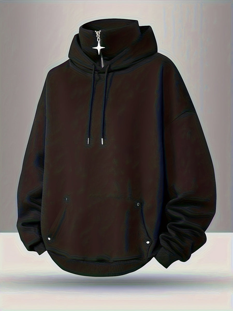 Hoodie Schwarz mit Reißverschluss-Kragen und Kapuze Oversize