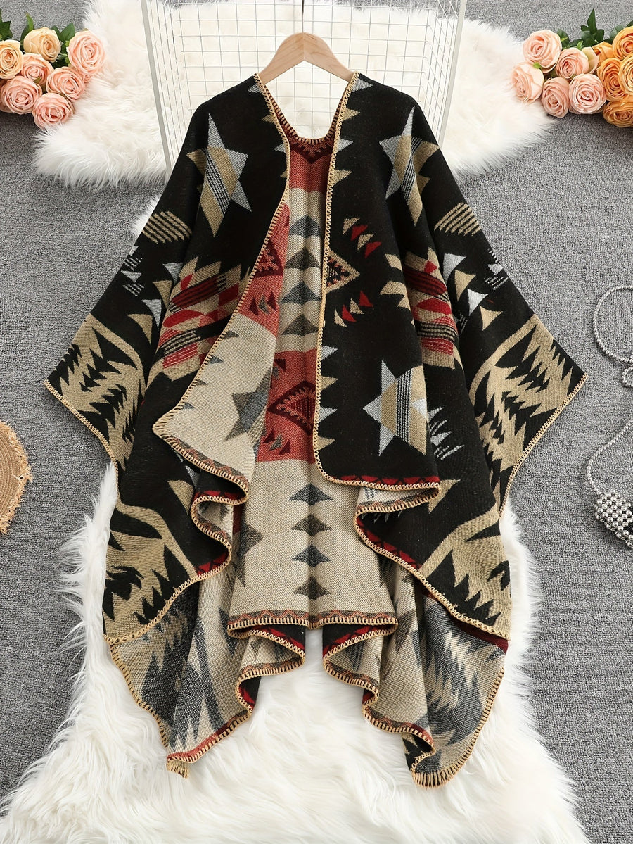 Damen Poncho Cape mit offenem Vorderteil und geometrischem Muster – Boho Stil für Alltag und Freizeit
