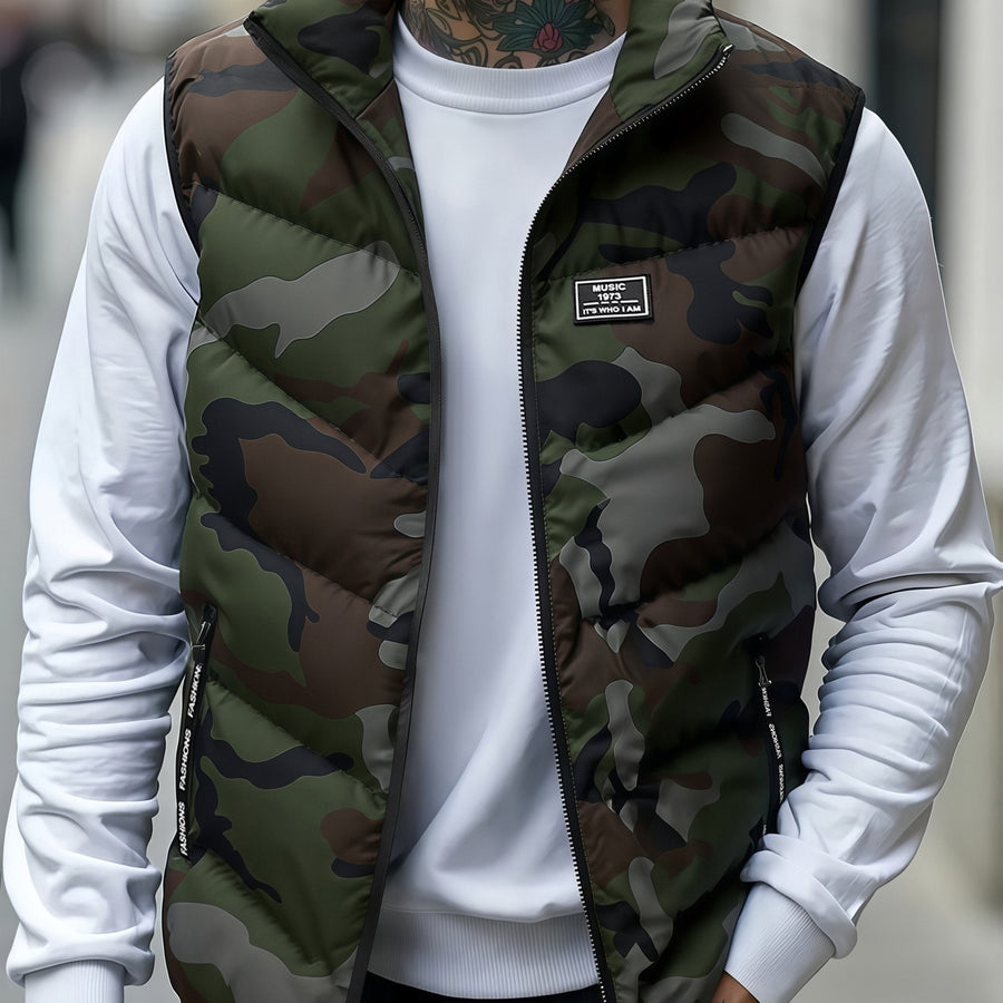 Unisex Camouflage Weste Stehkragen Gesteppt Gefüttert Reißverschluss Outdoor Alltagsmode