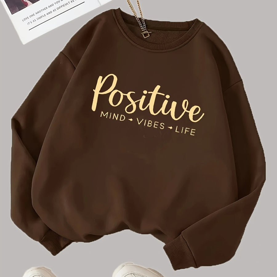 Braunes Sweatshirt mit Rundhalsausschnitt und „Positive Mind Vibes Life“-Aufdruck