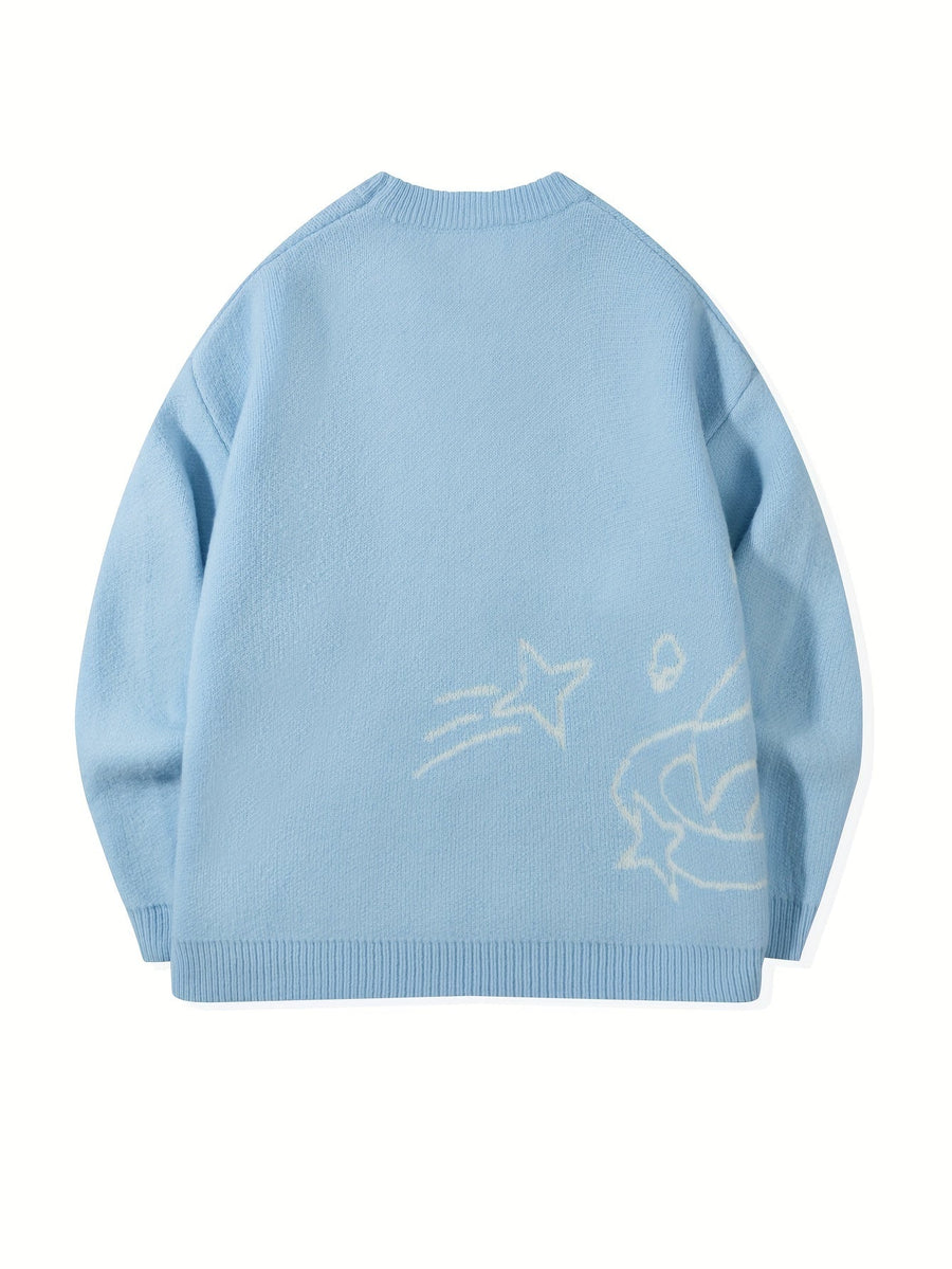 Unisex Strickpullover Rundhals mit Planeten- & Sternenmuster, Weit Geschnitten