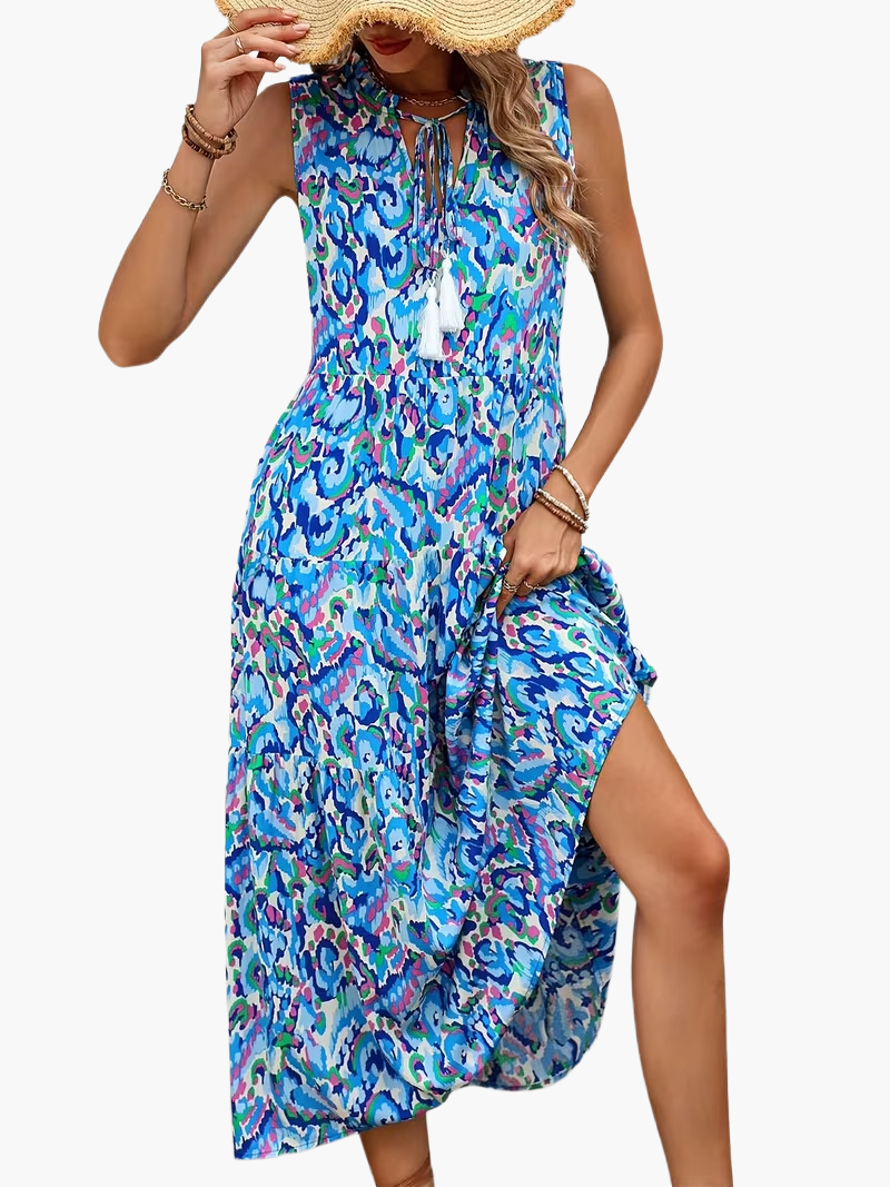 Damen Boho A-Linien Sommerkleid ärmellos – Luftiges Freizeitkleid mit Allover-Print und Quasten