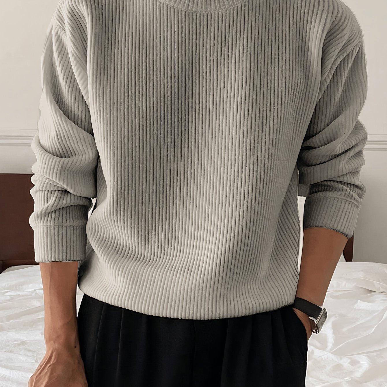 Geripptes Herren Langarmshirt mit Rundhalsausschnitt in verschiedenen Farben