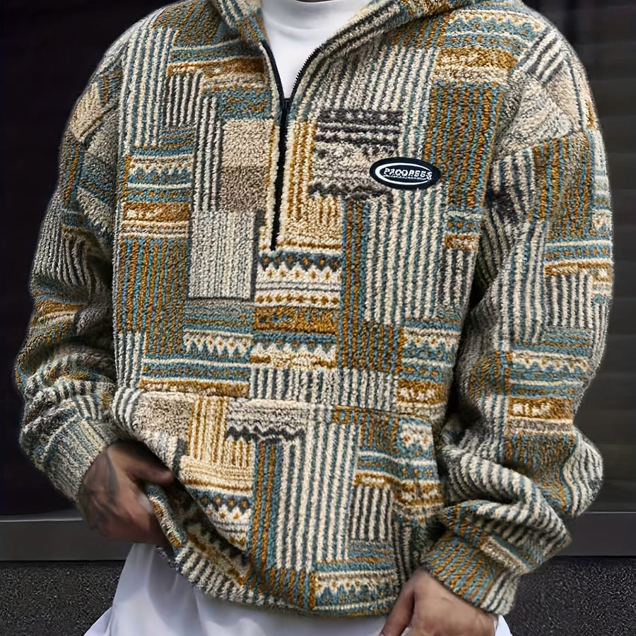 Heren patchwork-hoodie van teddyfleece met quarter-zip