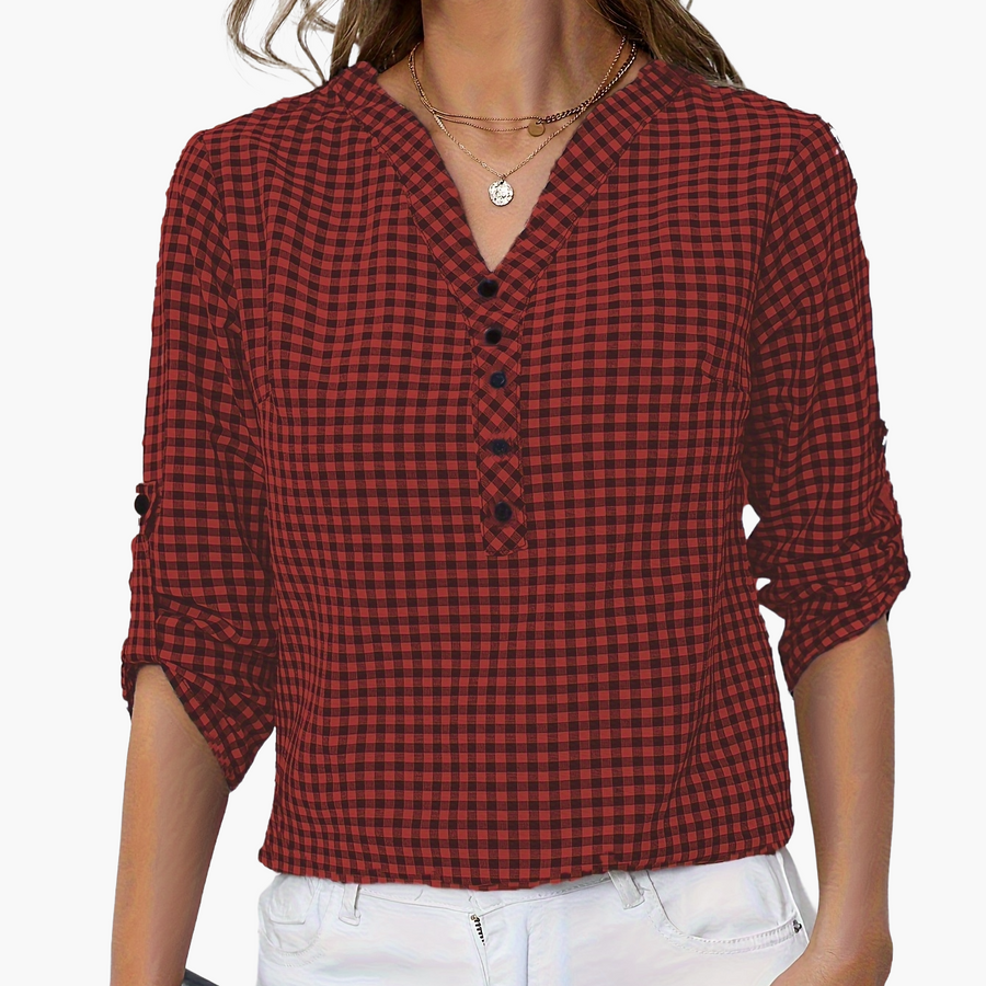 Damen Casual Karo Bluse mit Knopfleiste und 3/4-Ärmeln – Perfekt für Alltag & Freizeit