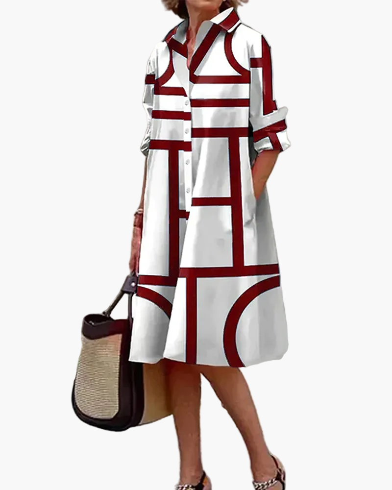 Damen Shirtkleid mit geometrischem Muster und Taschen – Lässiger, moderner Stil für Alltag und Büro