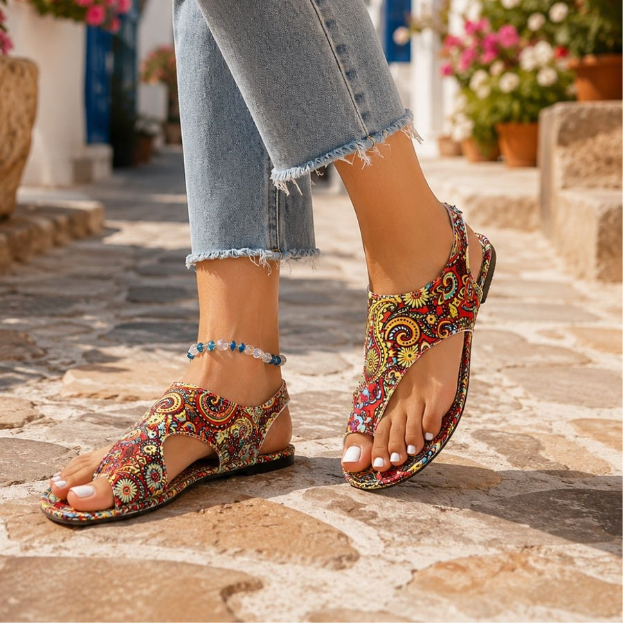 Damen Sandalen mit Zehensteg und Paisley-Muster, Riemchen-Design