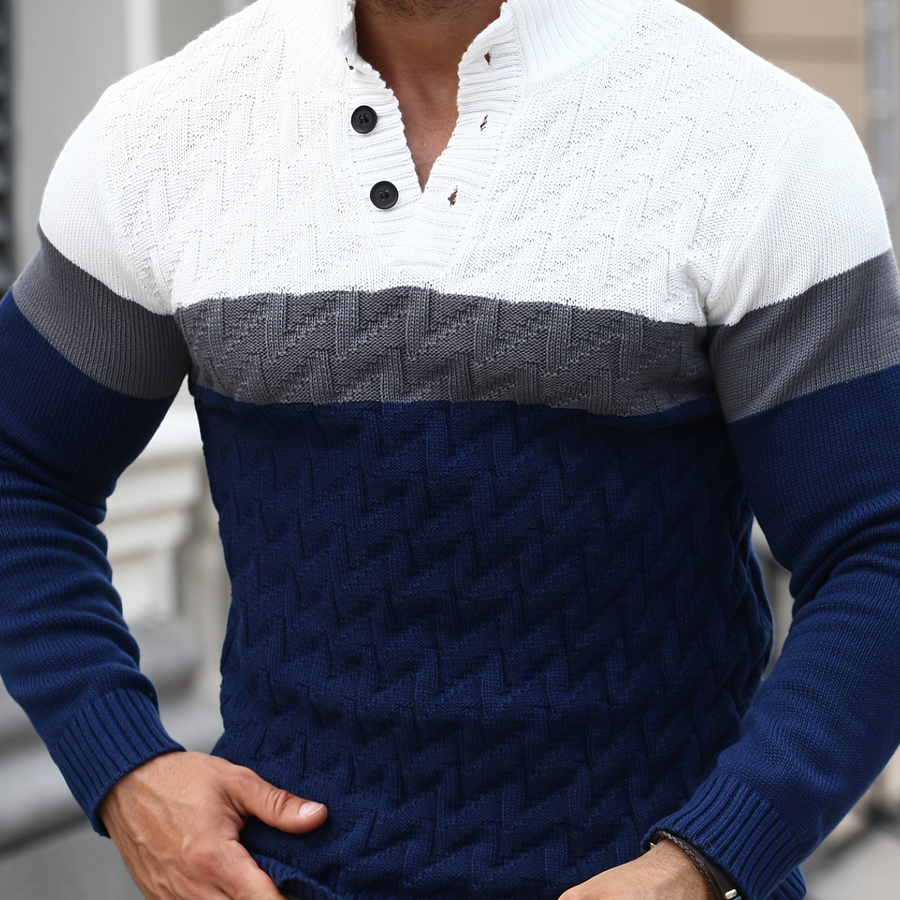 Herren Strickpullover mit Stehkragen und Knopfleiste, Farbblock Design