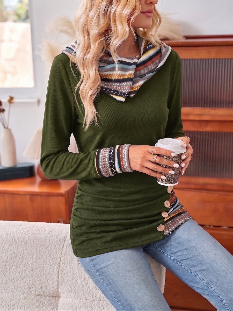 Damen Langarmshirt mit Wickelkragen und Zierknöpfen, Schwarz