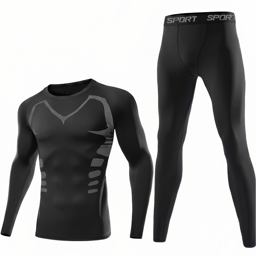 2-teiliges Herren Sport Funktionsunterwäsche Set Schwarz Langarmshirt Hose Winter