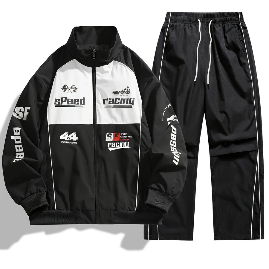 Unisex Racing Trainingsanzug mit Reißverschluss Jacke & Hose - Sportlicher Jogginganzug mit Aufdruck