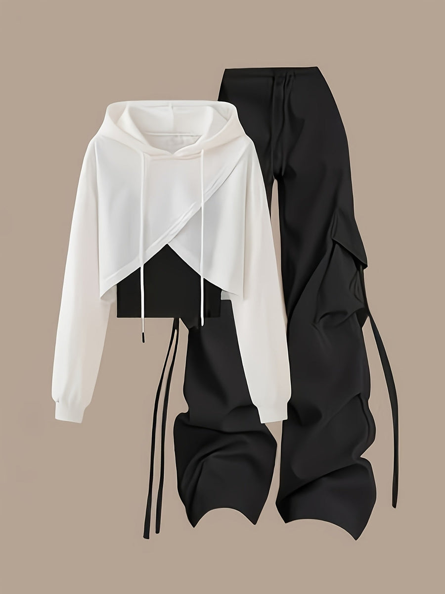 Damen zweiteiliges Set, Crop Hoodie und Cargohose, Schwarz-Weiß, locker geschnitten