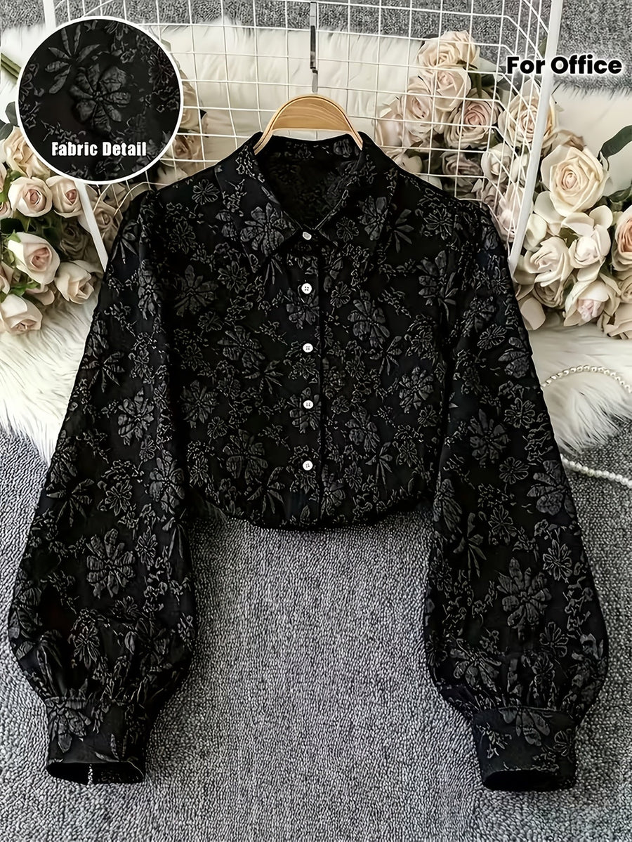 Damen Kurzarm Bluse Schwarz Jacquard-Muster Langarm Hemdbluse mit Ballonärmeln