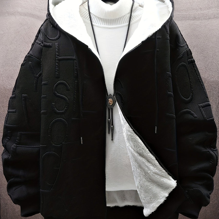 Herren Winter Hoodie Jacke mit Plüschfutter Reißverschluss Dick Gemustert Schwarz