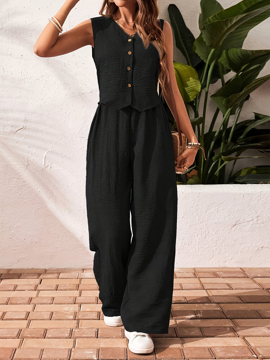 Damen Eleganter Zweiteiler Jumpsuit mit Weste und Weiten Hosen – Freizeit & Sommer Outfit