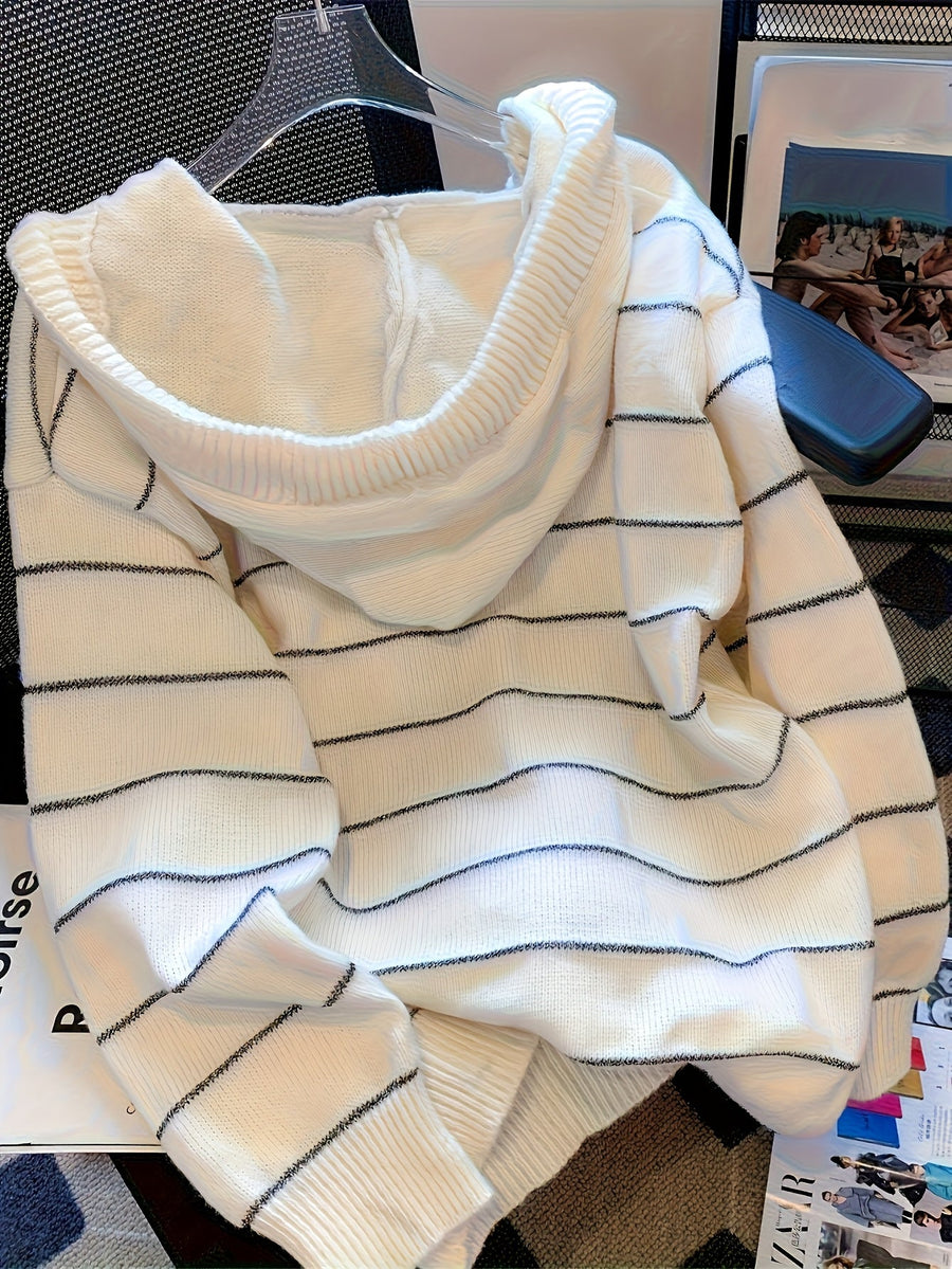 Damen Kapuzenpullover Strickpullover Gestreift Weiß Langarm