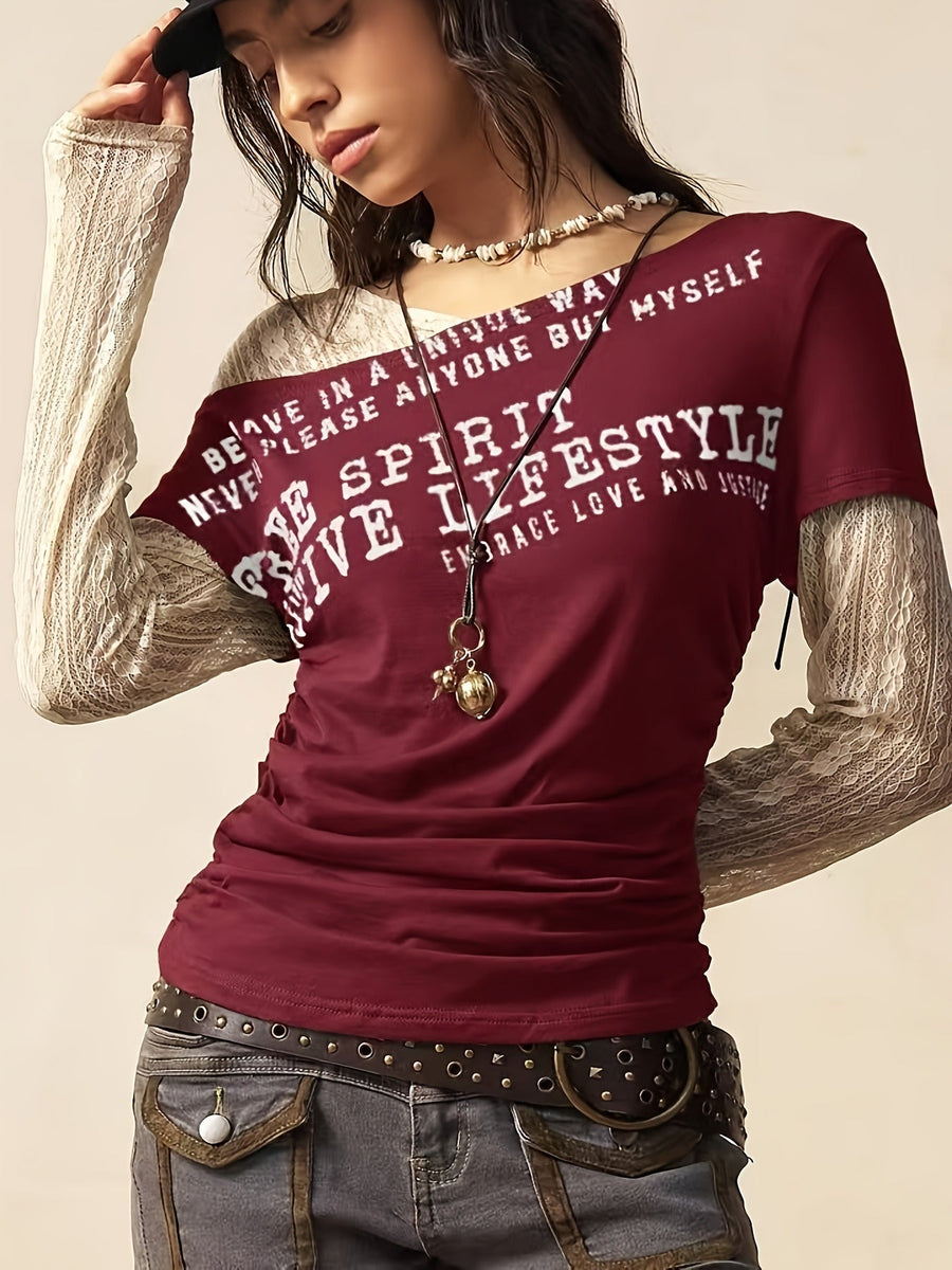 Damen Off-Shoulder T-Shirt mit Raffung und Druck, kurzärmlig