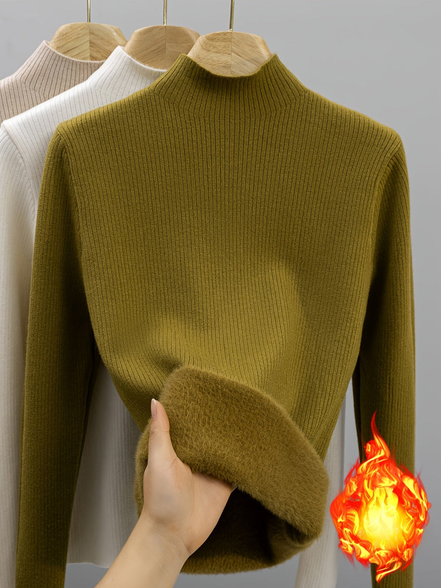 Gerippter Damen Mock-Neck Pullover Langarm Futter Weich Warm