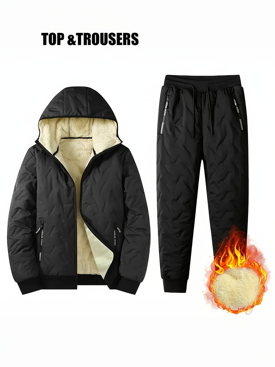 Herren Winter Thermo Anzug Gesteppt Gefütterte Jacke mit Kapuze und Hose