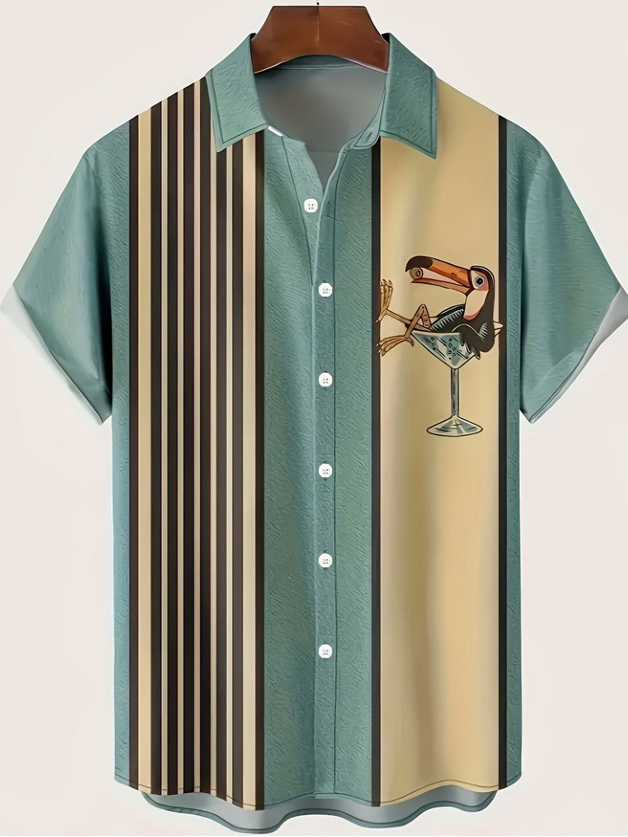 Herren Retro Strandhemd mit Tropical-Design und Cocktail-Vogel Print – Perfekt für den Sommerurlaub