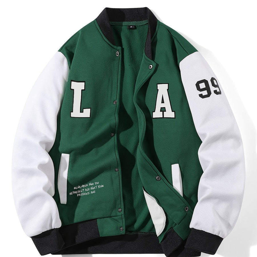 College Jacke Unisex mit Kontrastärmeln Druckknopfverschluss und Schriftzug