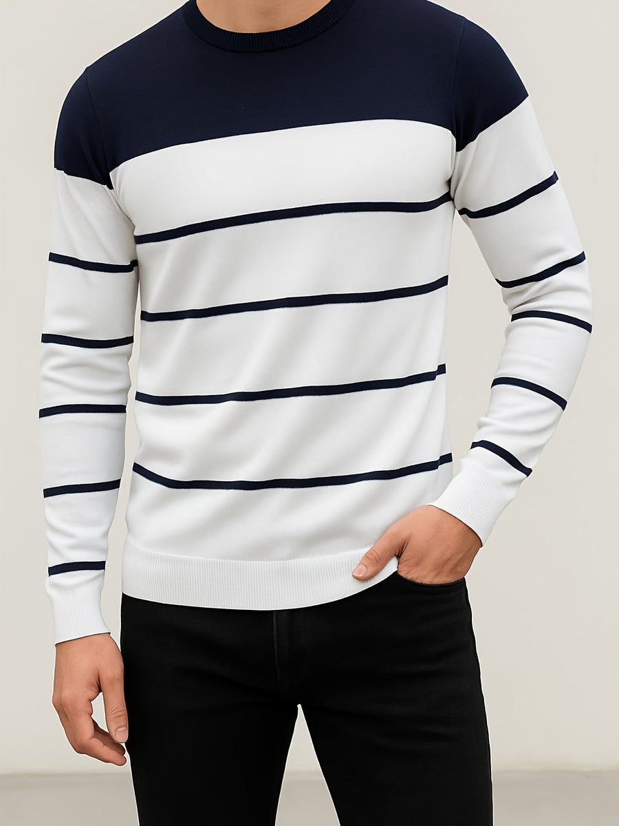 Herren Rundhals-Pullover Gestreift – Langarm, Farbblock-Design