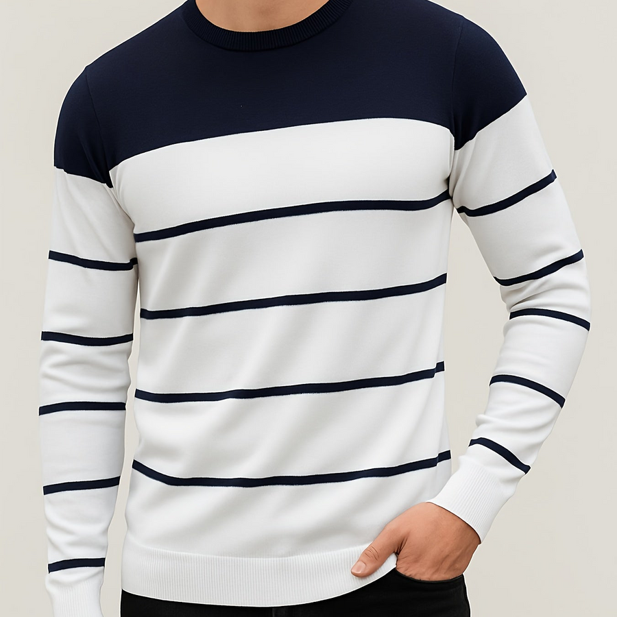 Herren Rundhals-Pullover Gestreift – Langarm, Farbblock-Design