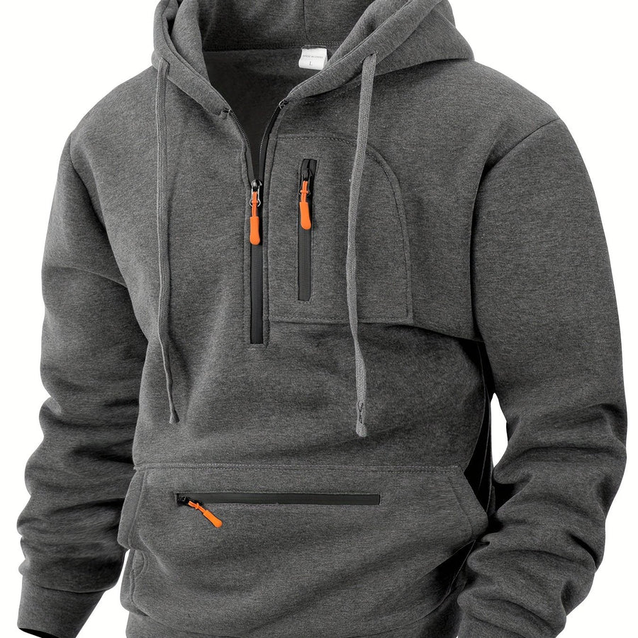 Herren Hoodie mit Reißverschluss und Bauchtasche, Kordelzug Kapuzenpullover