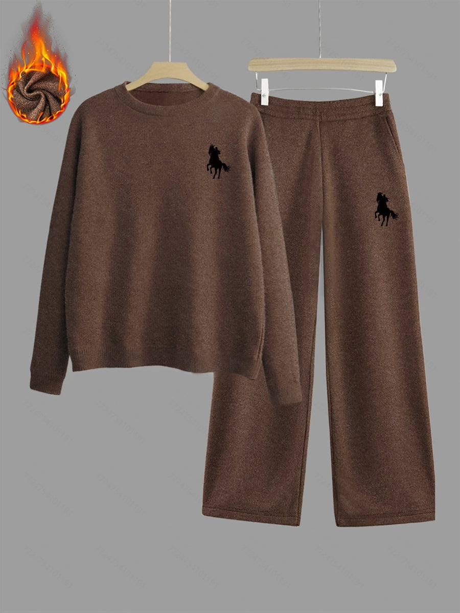 Damen Loungewear Set Braun mit Pferde-Stickerei, Pullover & Weite Hose