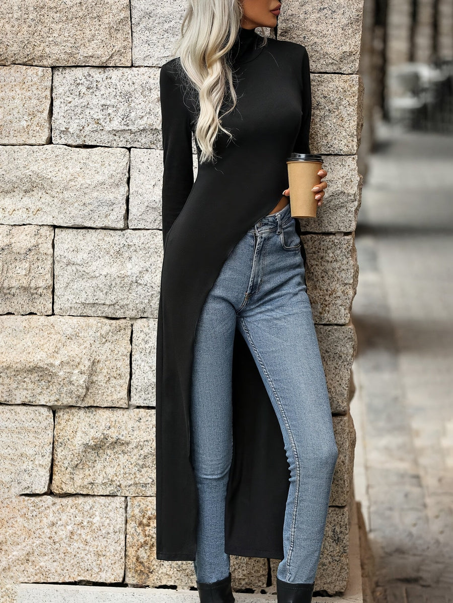 Damen Langarm Top Rollkragen Schwarz Schlitz Lang