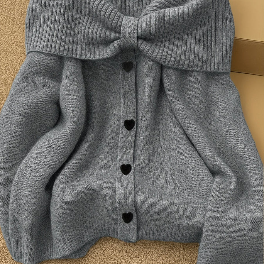 Damen Strickpullover Carmen-Ausschnitt Schleife Herzknöpfe