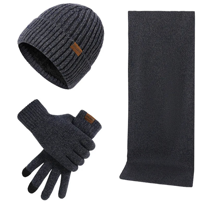Unisex Wintermütze Schal Handschuhe Set Gerippt Gestrickt