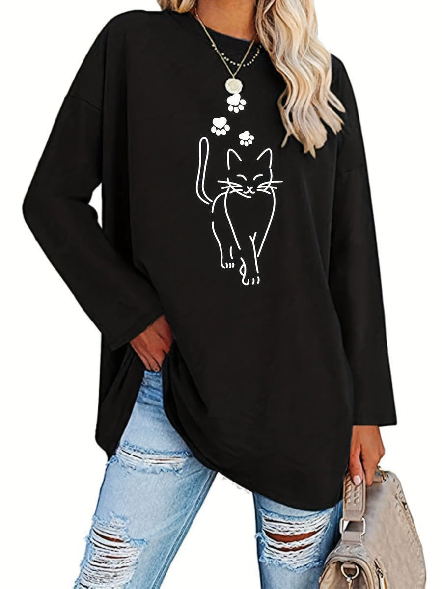 Damen Oversize Langarmshirt mit Katzenmotiv und Pfotenabdrücken